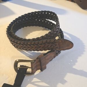 Womens Brown Leather braided woven belt Burnished brass buckle New! Sz.10/12